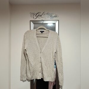 Lands' End Cream Cable Knit Cotton Women's Large Cardigan
